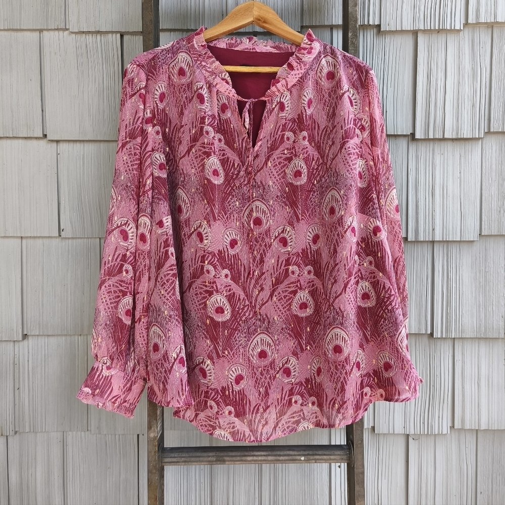 Talbots Peacock Feather Ruffle Blouse sz 3X Pink Gold Metallic Chic Office Glam